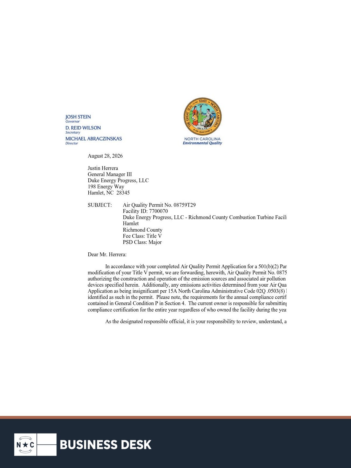 Official NC DEQ final air permit for Duke Energy's Hamlet operation