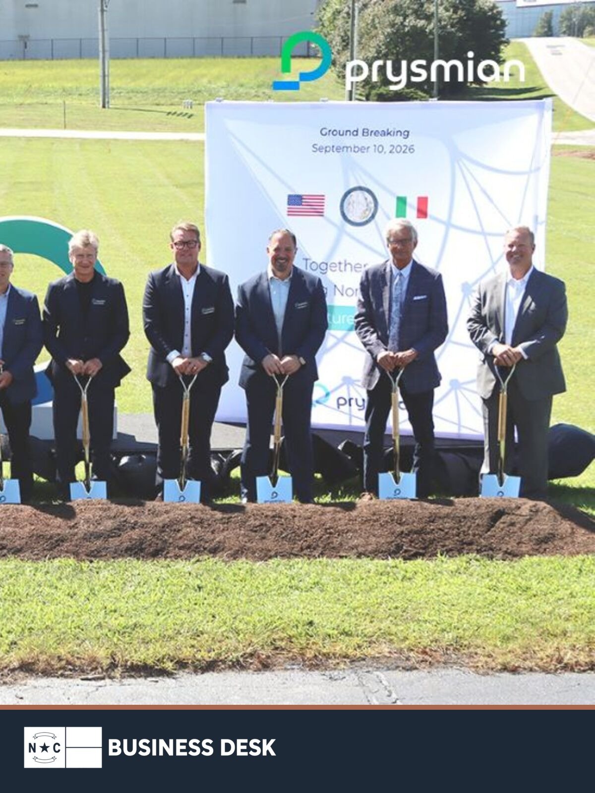 Prysmian leaders and local officials at the Sept. 10, 2026, groundbreaking for the company's Claremont expansion.