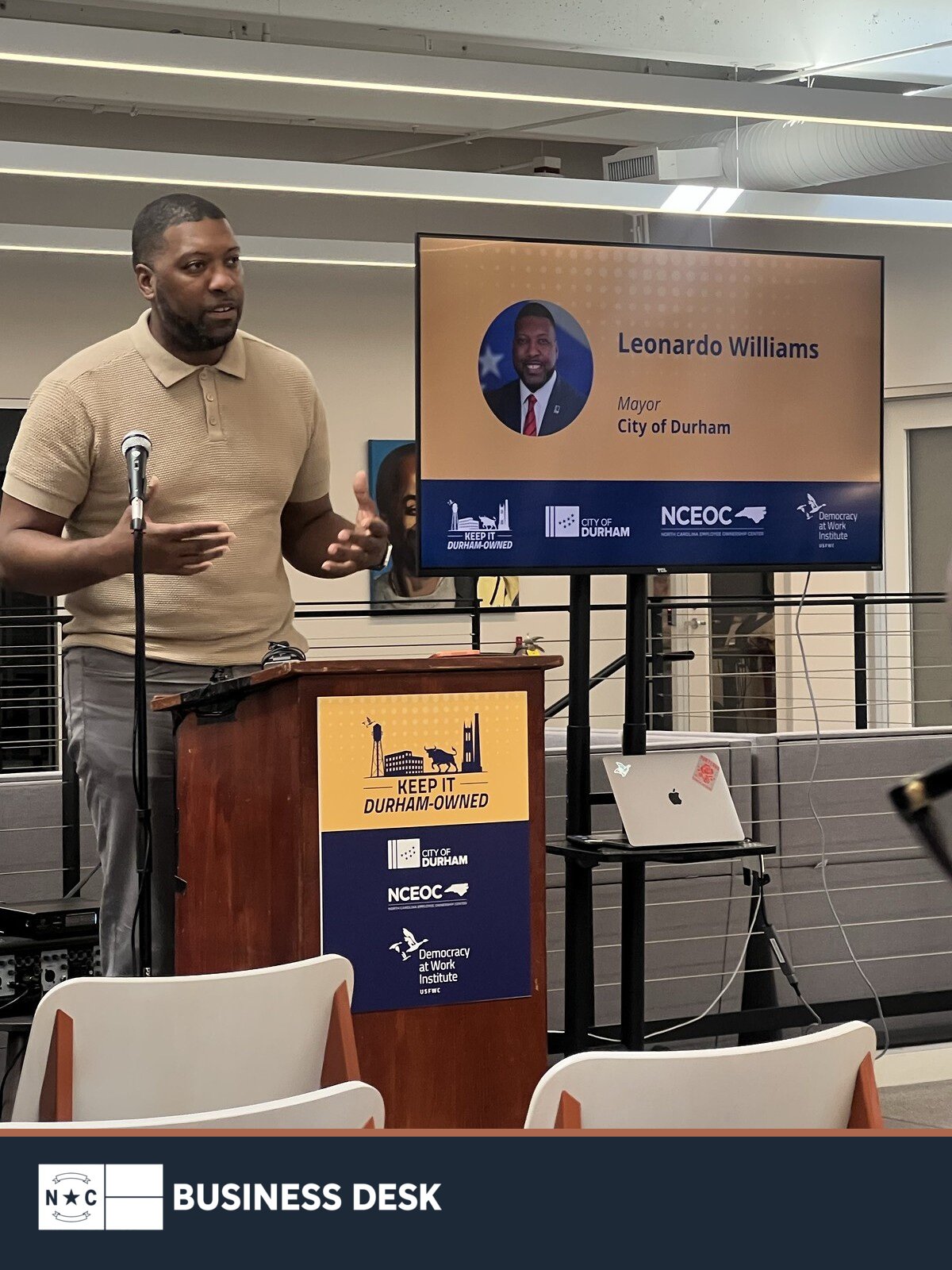 Durham Mayor Leonardo Williams speaks at the Keep It Durham-Owned initiative launch in Durham.