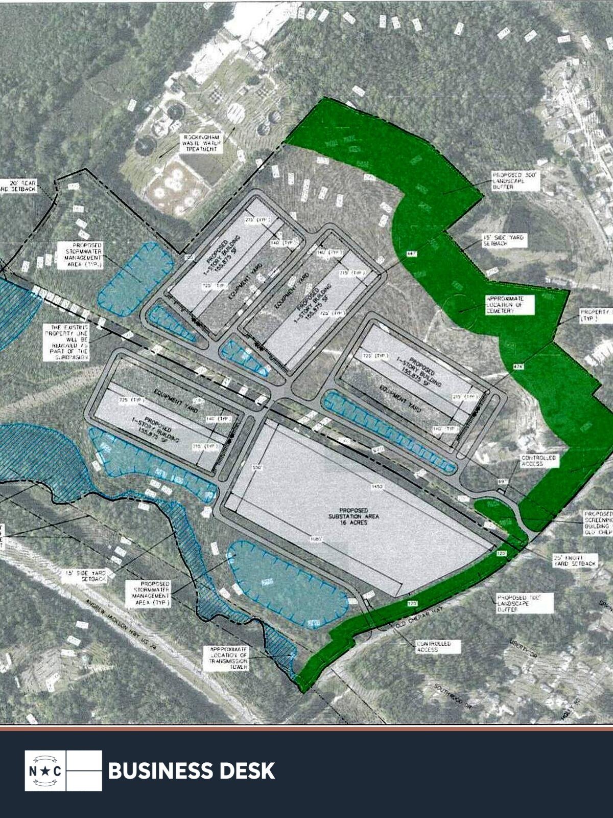 Official conceptual site plan for Terra Nexus' proposed four-building Rockingham data center campus above the NC Business Desk footer.