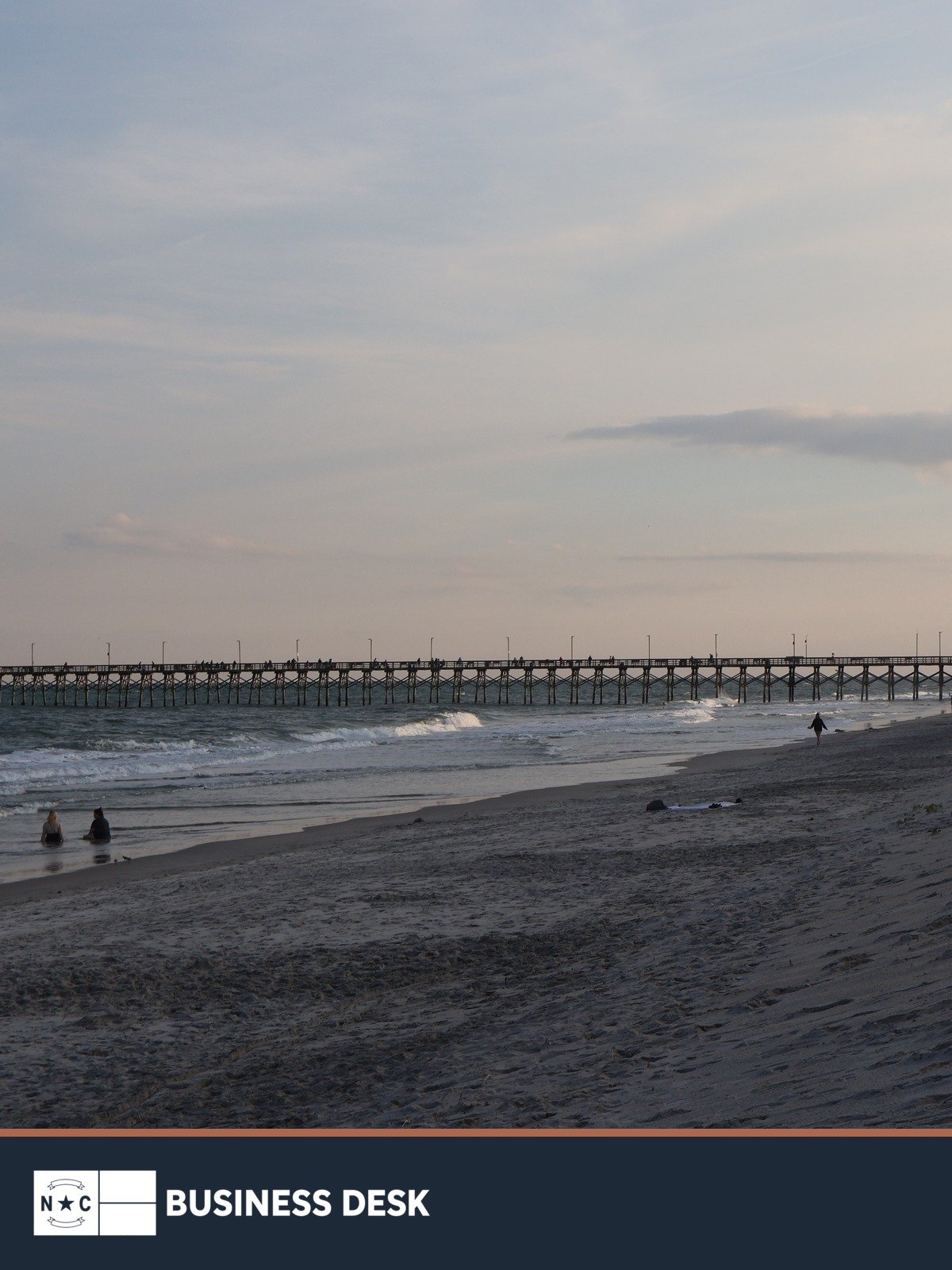 Surf City beach and pier above the NC Business Desk footer.