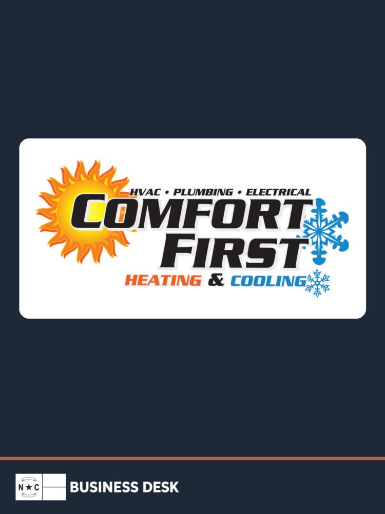 Comfort First Heating & Cooling’s official logo centered in a white badge on a deep-navy branded field above the NC Business Desk footer.