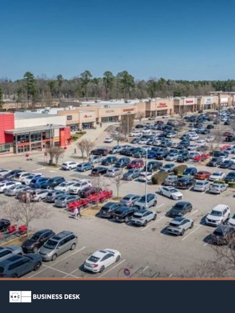 Aerial view of Knightdale Marketplace retail buildings and parking lot in Knightdale.