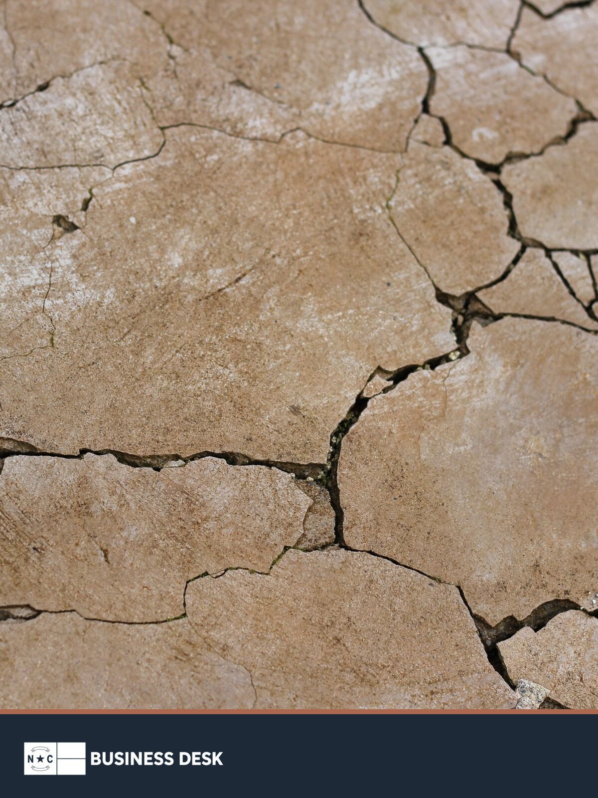 Close-up of drought-cracked soil above the NC Business Desk footer.