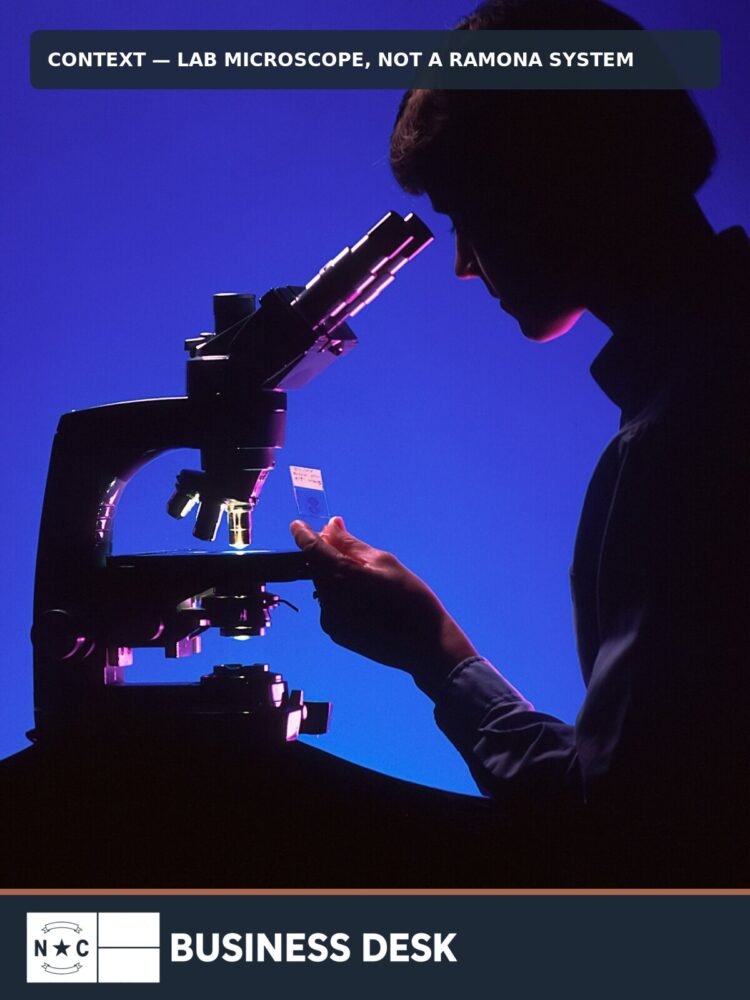Scientist using a conventional laboratory microscope under blue and magenta lighting; contextual image, not Ramona Optics equipment.