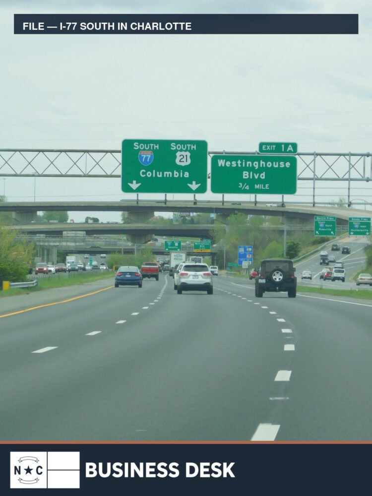 Traffic travels south on I-77 near Westinghouse Boulevard in Charlotte in a labeled 2018 file photograph.
