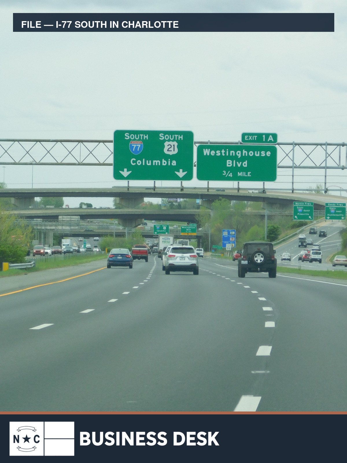 Traffic travels south on I-77 near Westinghouse Boulevard in Charlotte in a labeled 2018 file photograph.