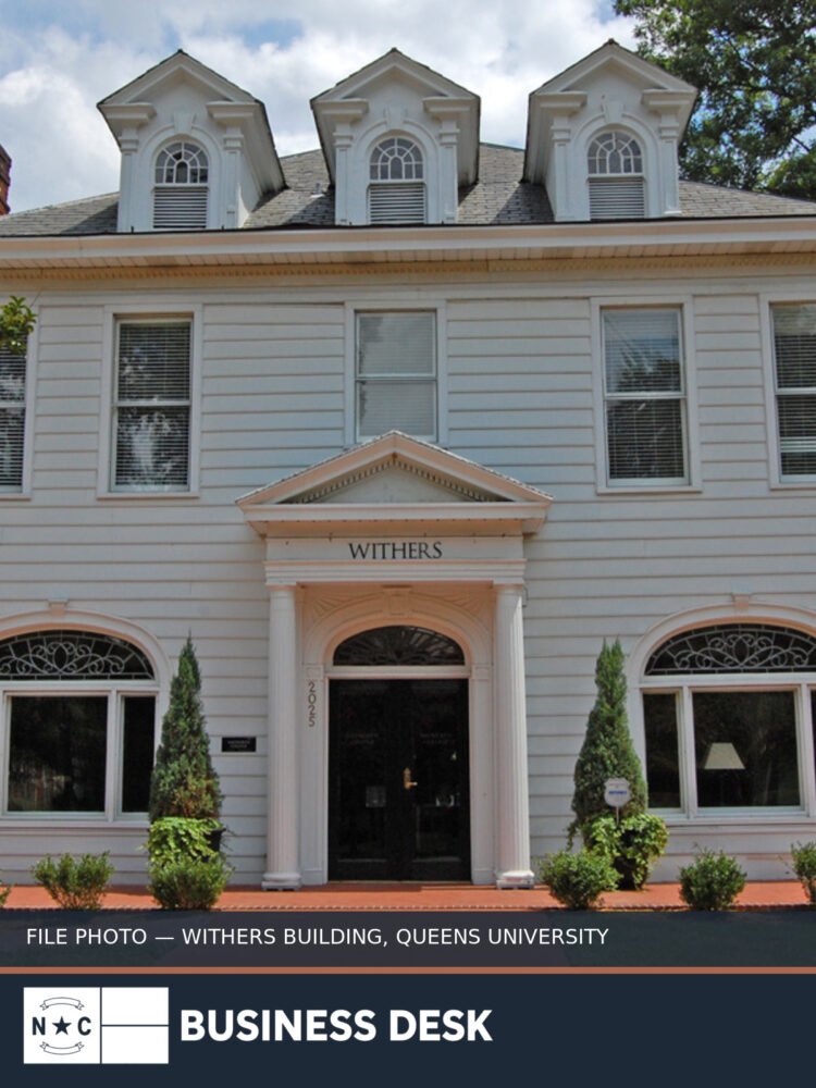 Withers Building on the Queens University of Charlotte campus, labeled as a file photo, above the NC Business Desk footer.