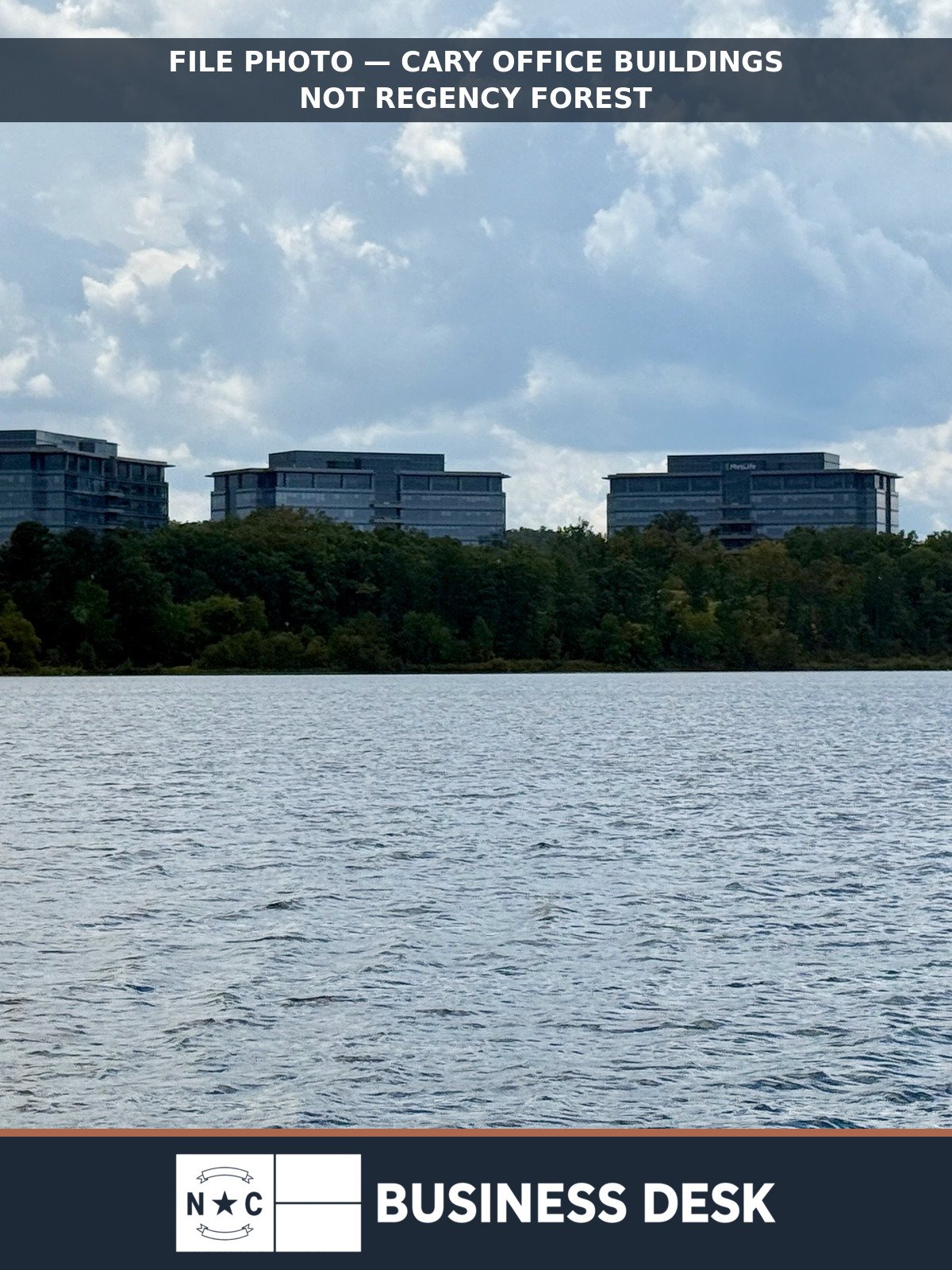 File photograph of office buildings in Cary, North Carolina, labeled as not depicting Regency Forest.