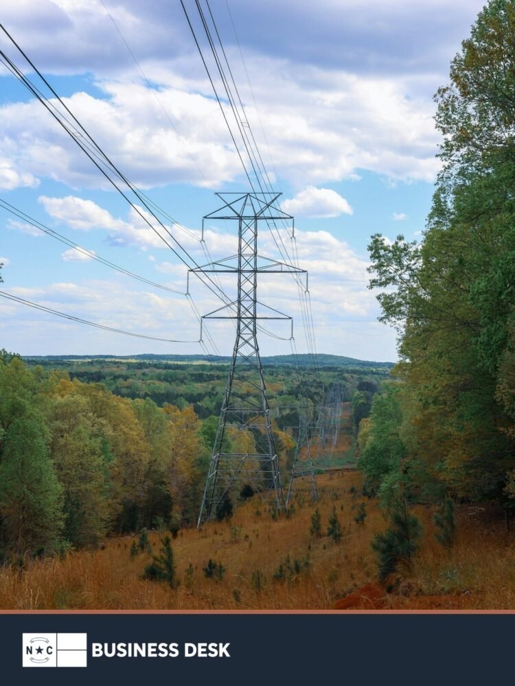 High-voltage transmission lines at Eno River State Park in Durham, North Carolina, shown above the NC Business Desk footer.
