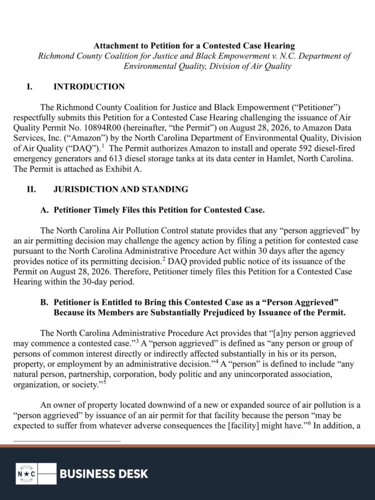 Page from a contested-case petition challenging North Carolina's air permit for the Amazon data center in Hamlet, above the NC Business Desk footer.