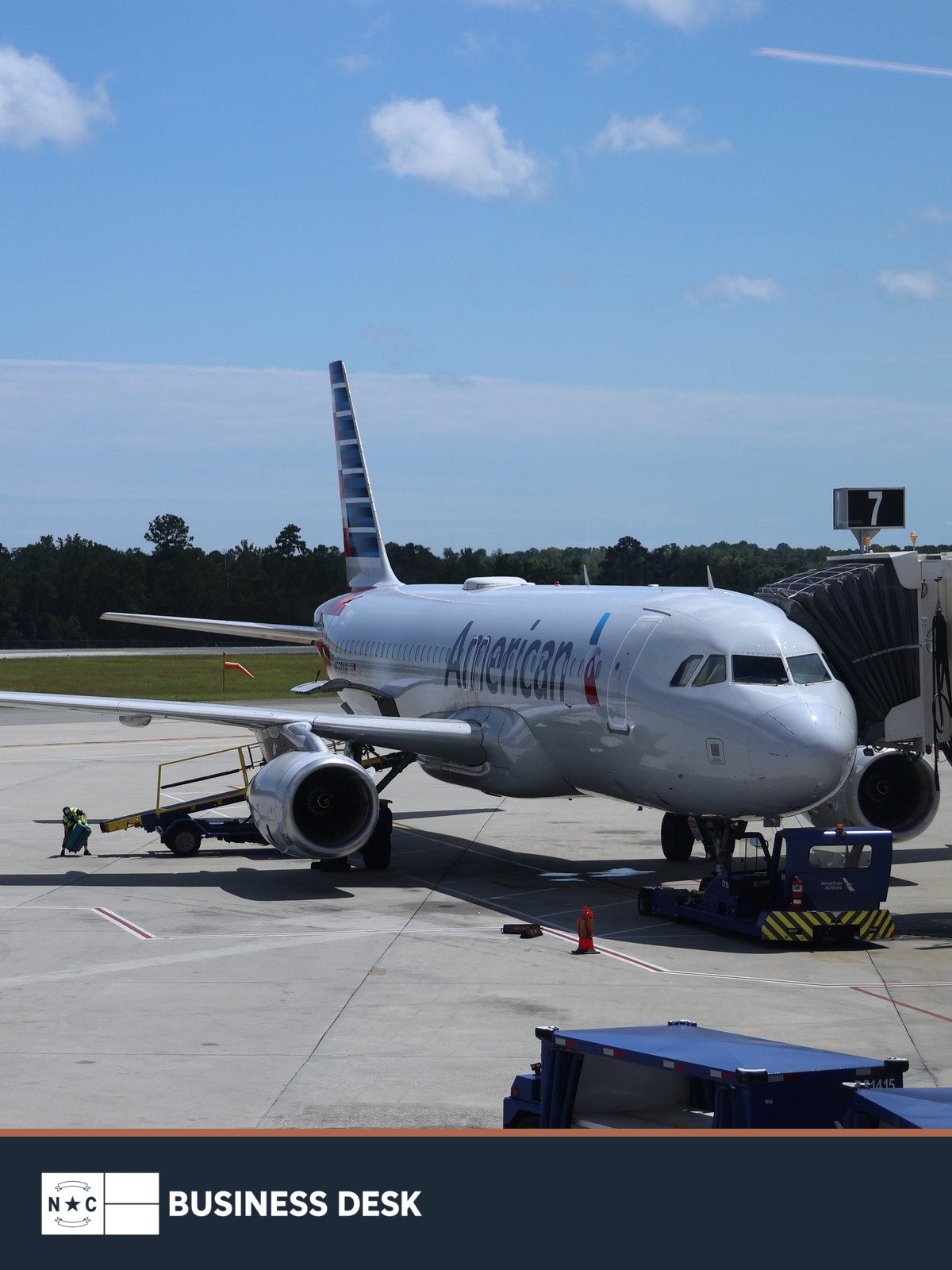 American Airlines aircraft parked on the apron at Wilmington International Airport above the NC Business Desk footer.