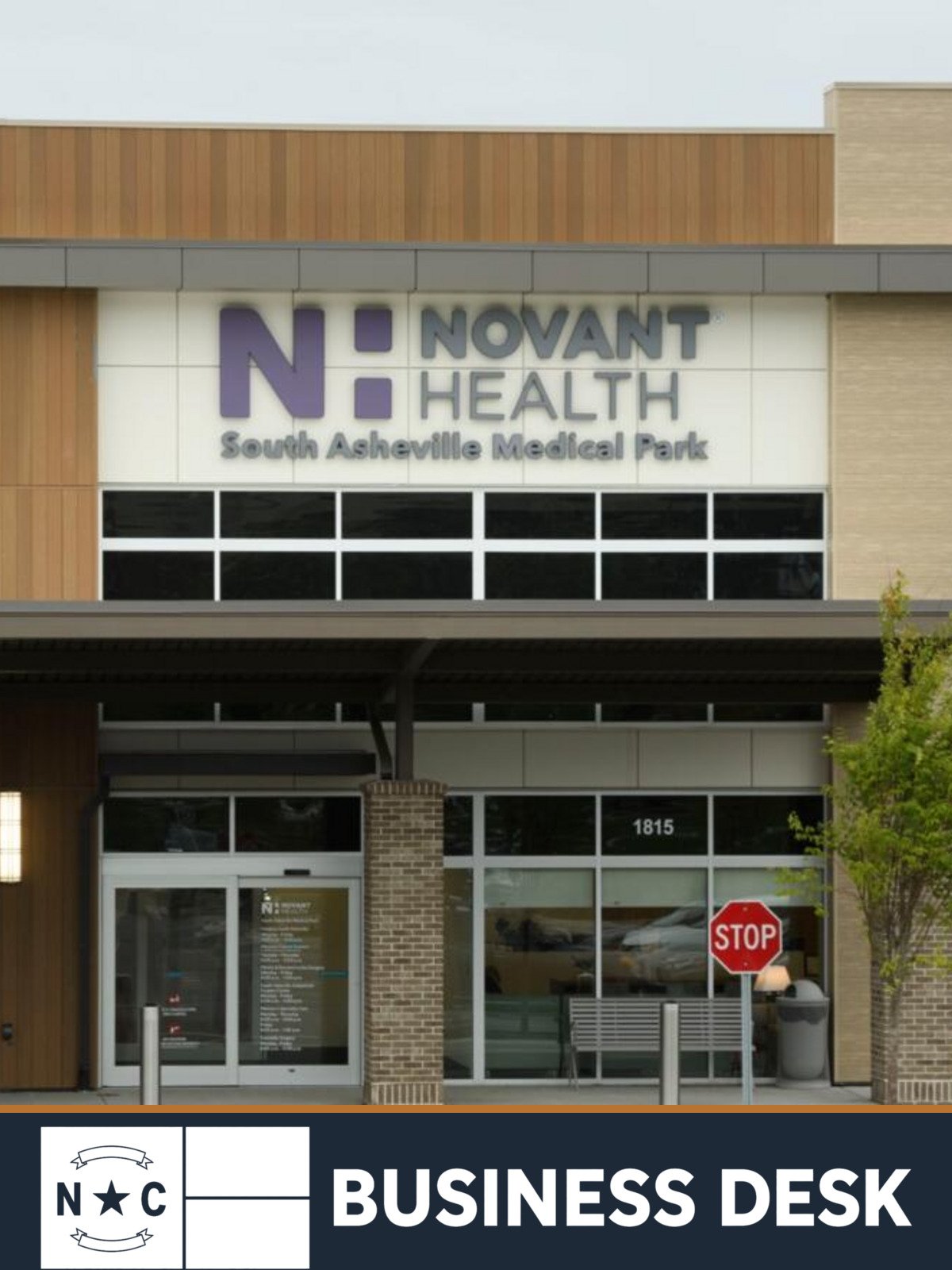South Asheville Medical Park entrance and Novant Health sign at 1815 Hendersonville Road above the NC Business Desk footer.