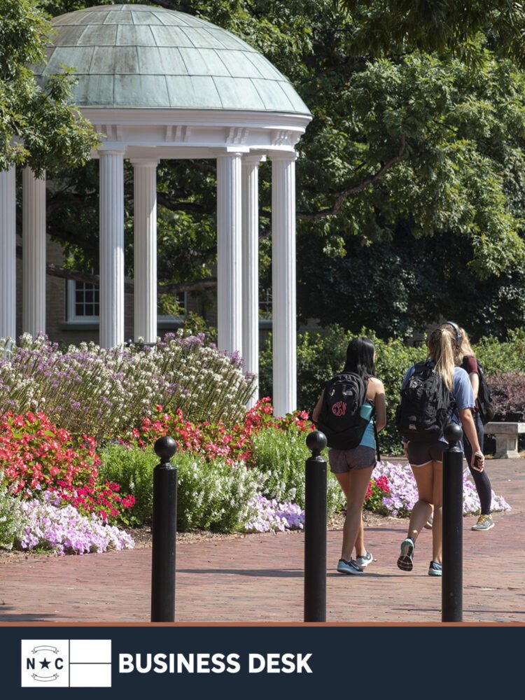 The Old Well at UNC-Chapel Hill with students walking through the campus, above the NC Business Desk footer.