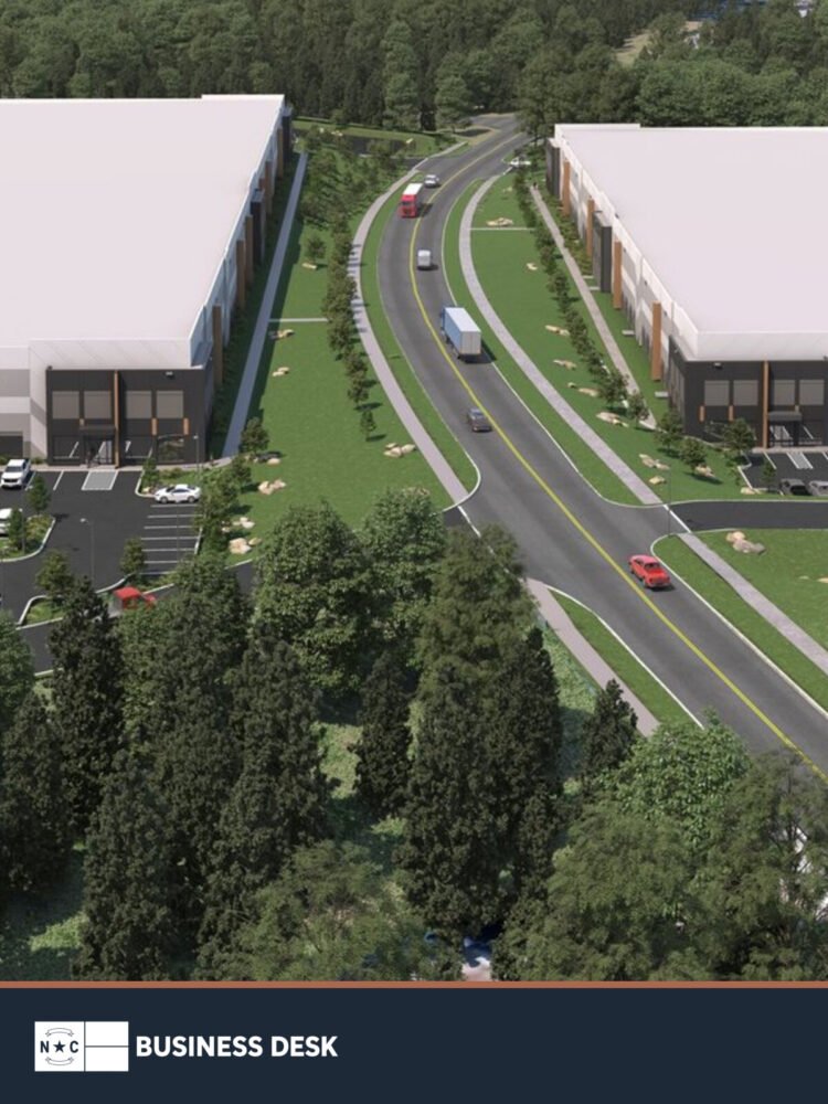 Official rendering of Caldwell Commerce Center showing two planned industrial buildings divided by Caldwell Park Drive.
