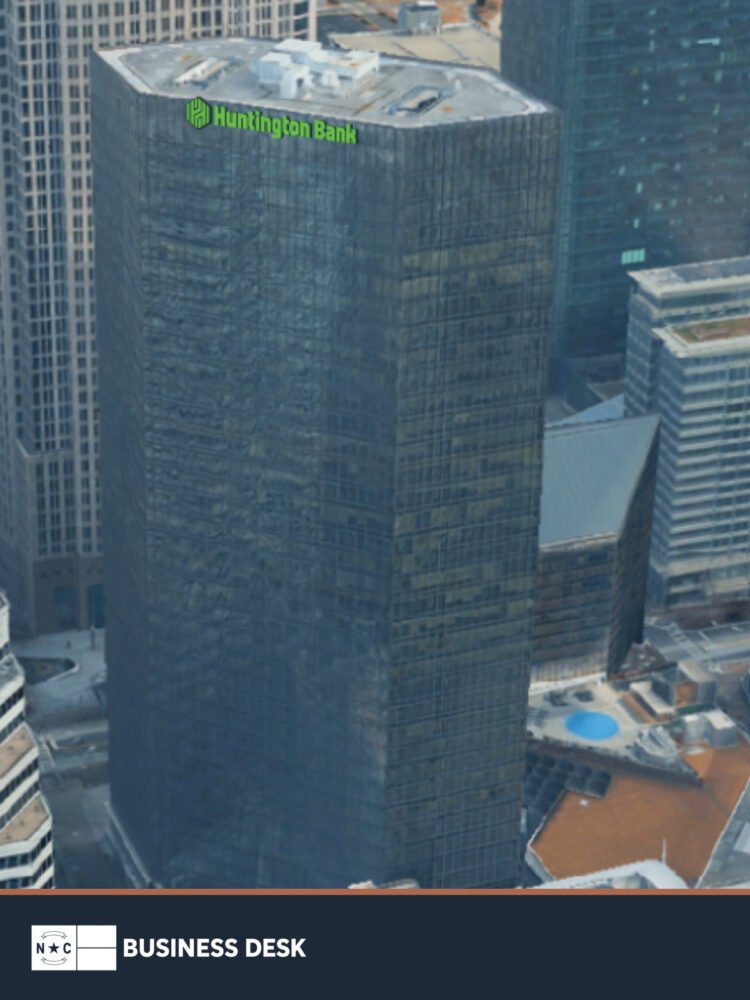 Rendering of Huntington Bank signage atop One South in uptown Charlotte above the approved NC Business Desk footer.