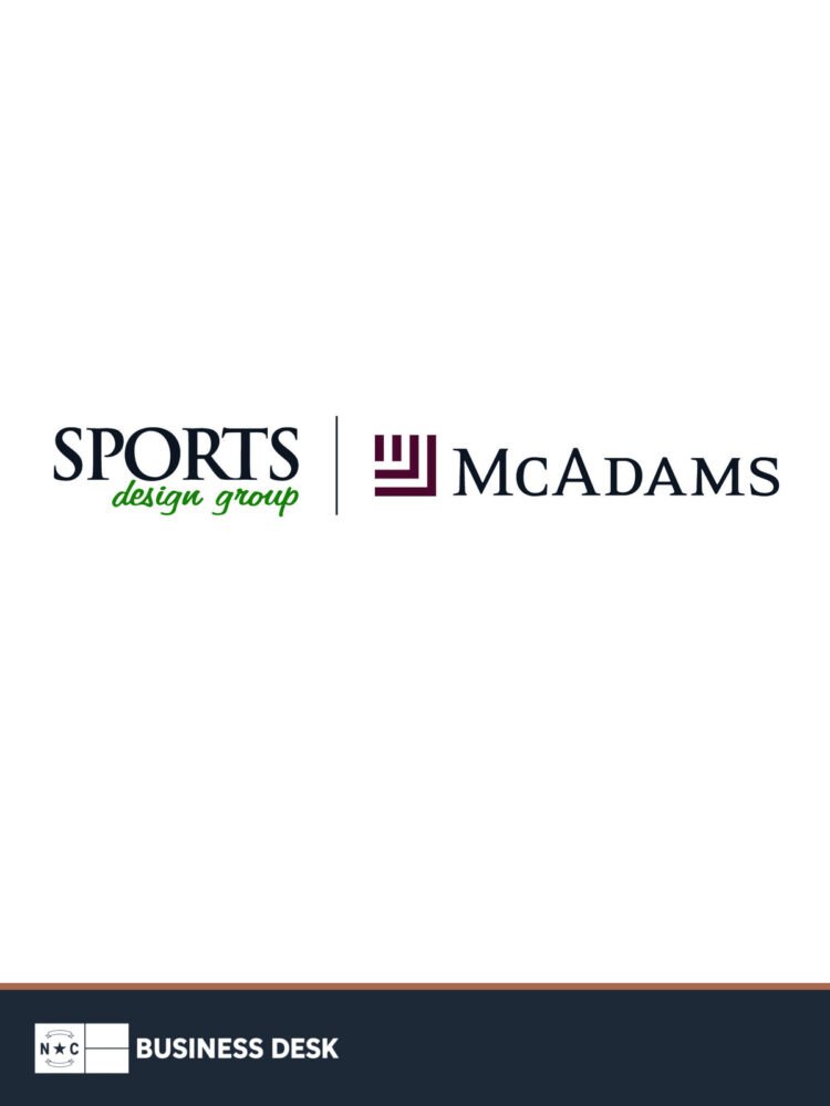 Sports Design Group and McAdams logos on a white field above the NC Business Desk footer.