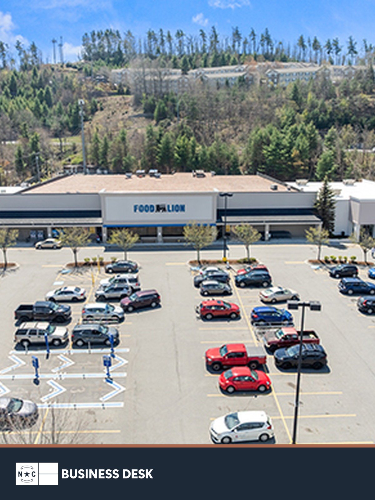 Aerial view of the Food Lion-anchored Watauga Village shopping center in Boone above the NC Business Desk footer.