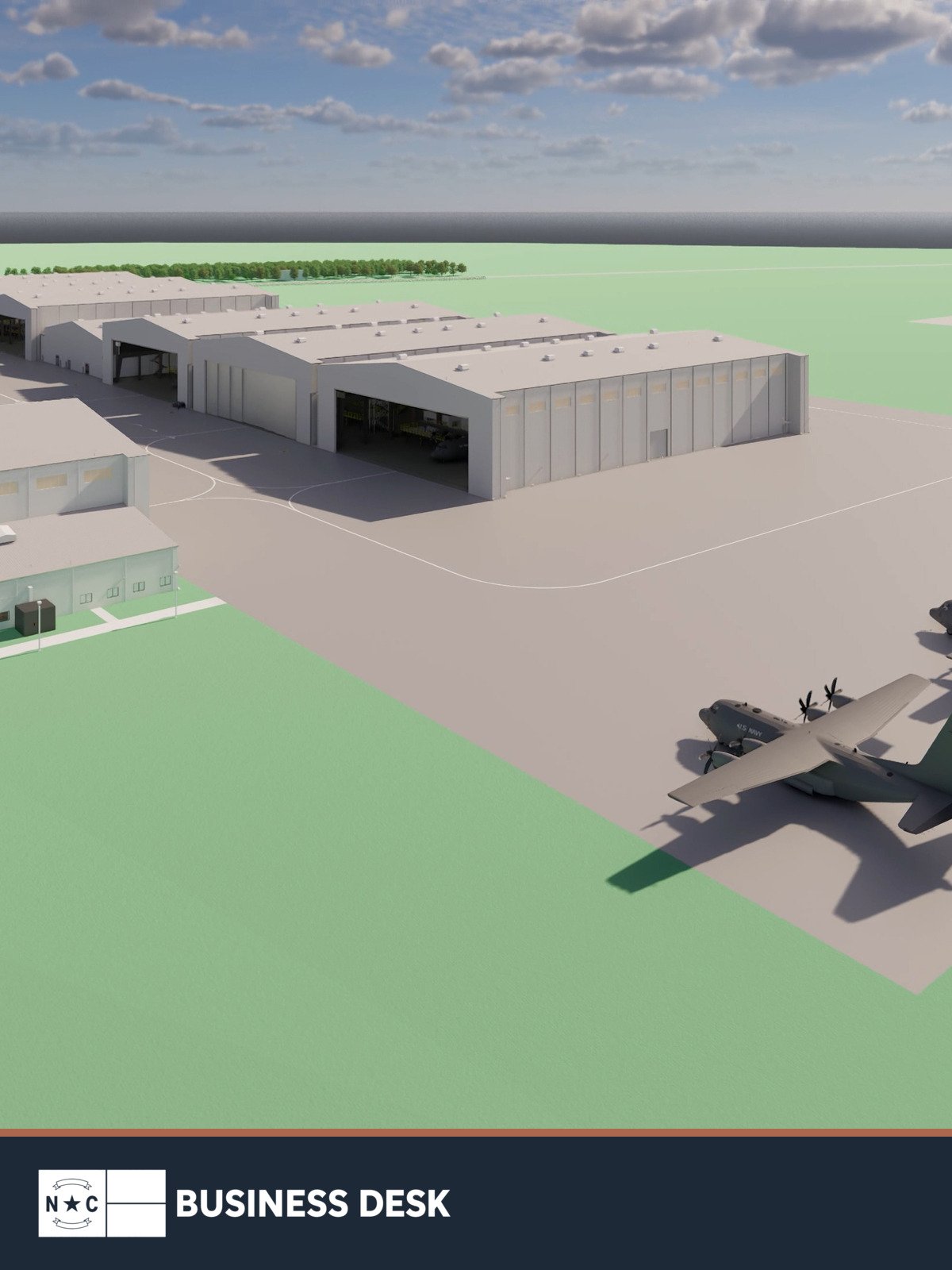 Official NAVAIR artist rendering of Fleet Readiness Center East's planned C-130 maintenance complex at the North Carolina Global TransPark above the NC Business Desk footer.