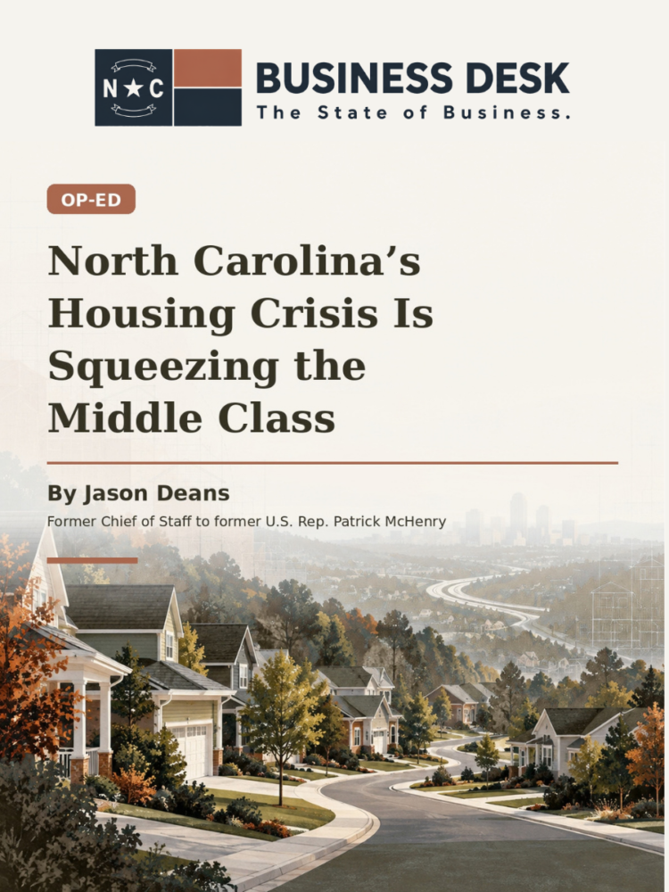 Editorial illustration of North Carolina housing and commuting beneath the NC Business Desk Op-Ed headline and Jason Deans byline.