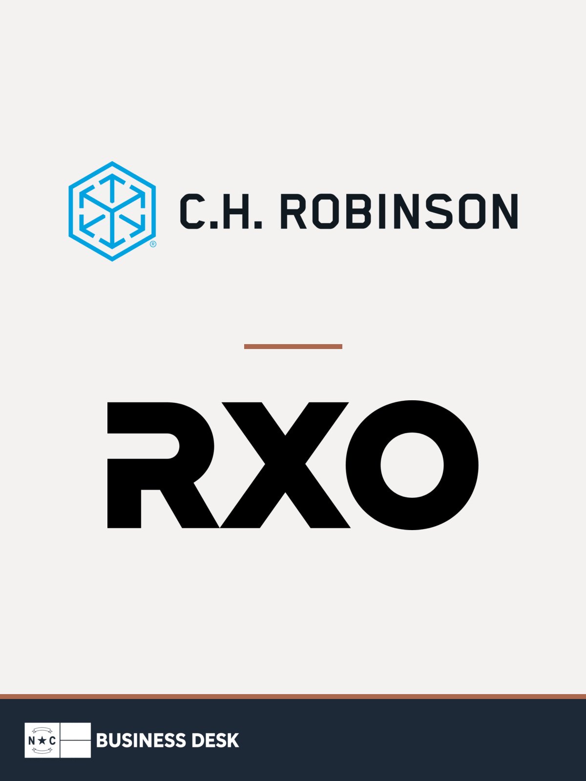 C.H. Robinson and RXO official logos on a warm white field above the NC Business Desk footer.
