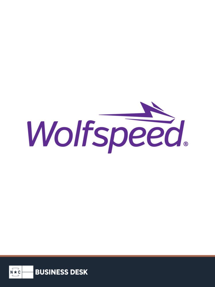 Wolfspeed official logo on a white field above the NC Business Desk footer.