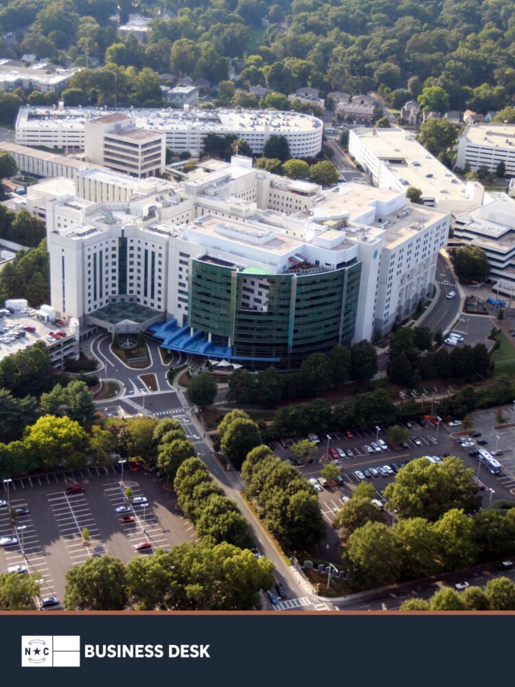Aerial view of Atrium Health Carolinas Medical Center in Charlotte, used as contextual imagery for the State Health Plan pricing dispute.
