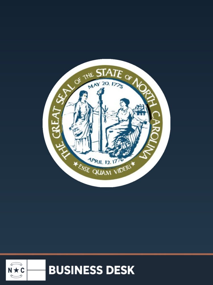 Seal of the State of North Carolina on a navy background above the NC Business Desk footer.