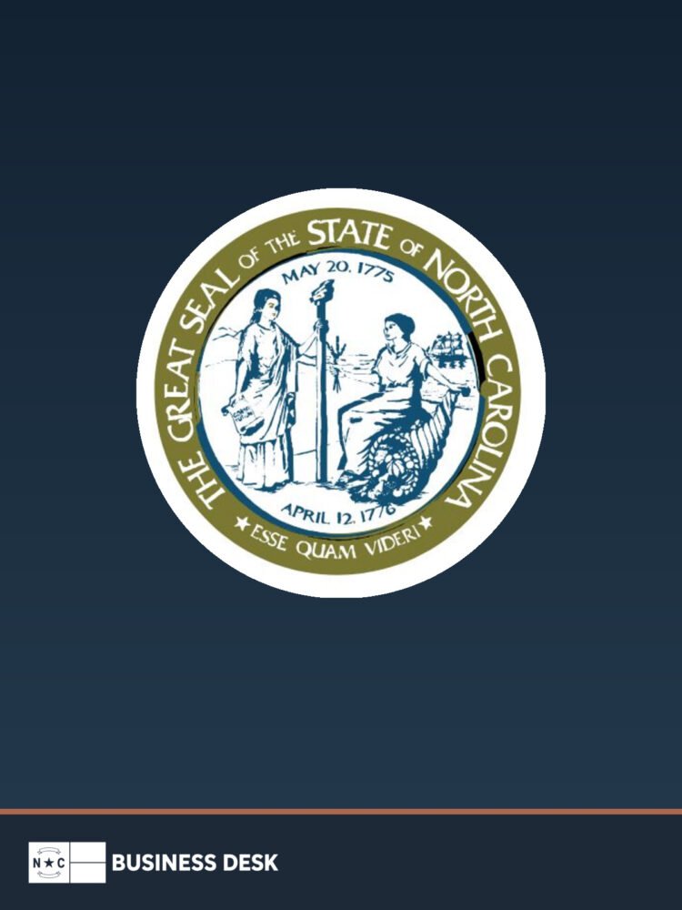 Seal of the State of North Carolina on a navy background above the NC Business Desk footer.
