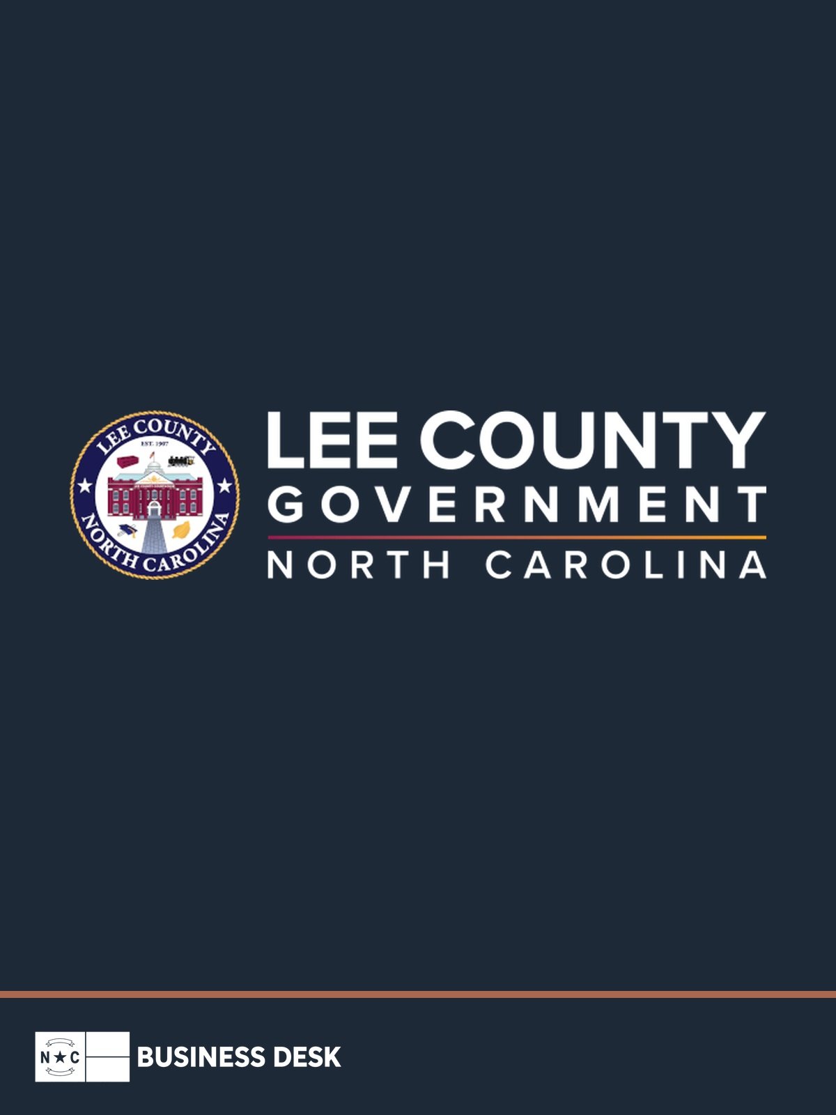The official Lee County Government logo on a navy field above the NC Business Desk footer.