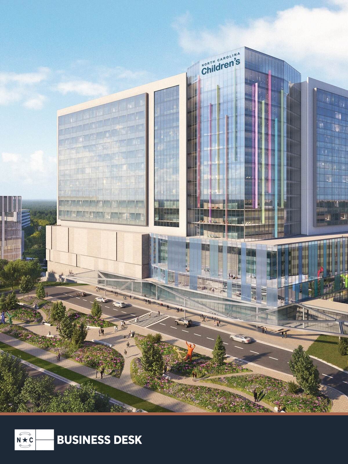 Conceptual rendering of the planned North Carolina Children’s campus in Apex above the NC Business Desk footer.