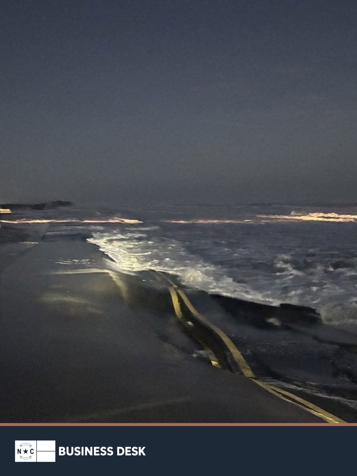 Ocean overwash covers buckled pavement and lane markings on N.C. Highway 12 near Pea Island, above the NC Business Desk footer.